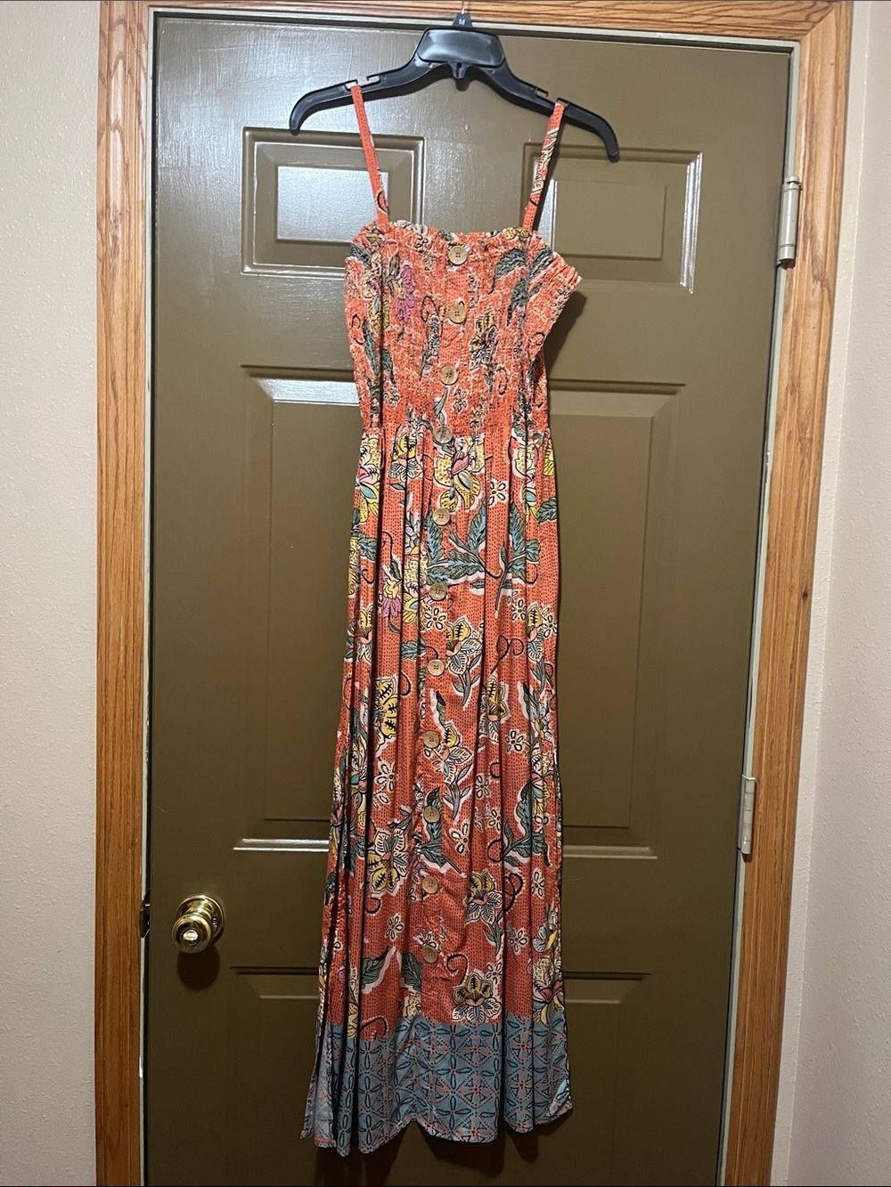Angie Rust Floral Maxi Dress with Blue Border